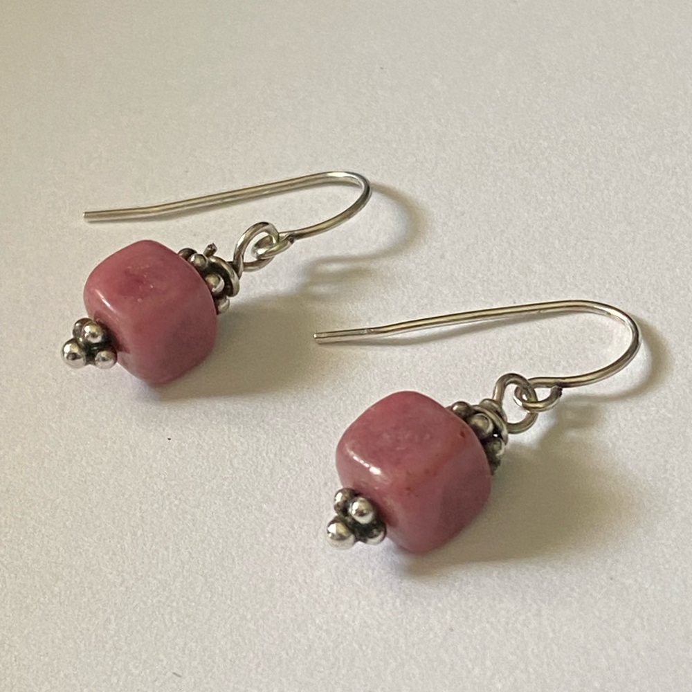 Vintage Sterling Silver Pink Rhodolite Semi Precious Stone Earrings - Picture 2 of 6